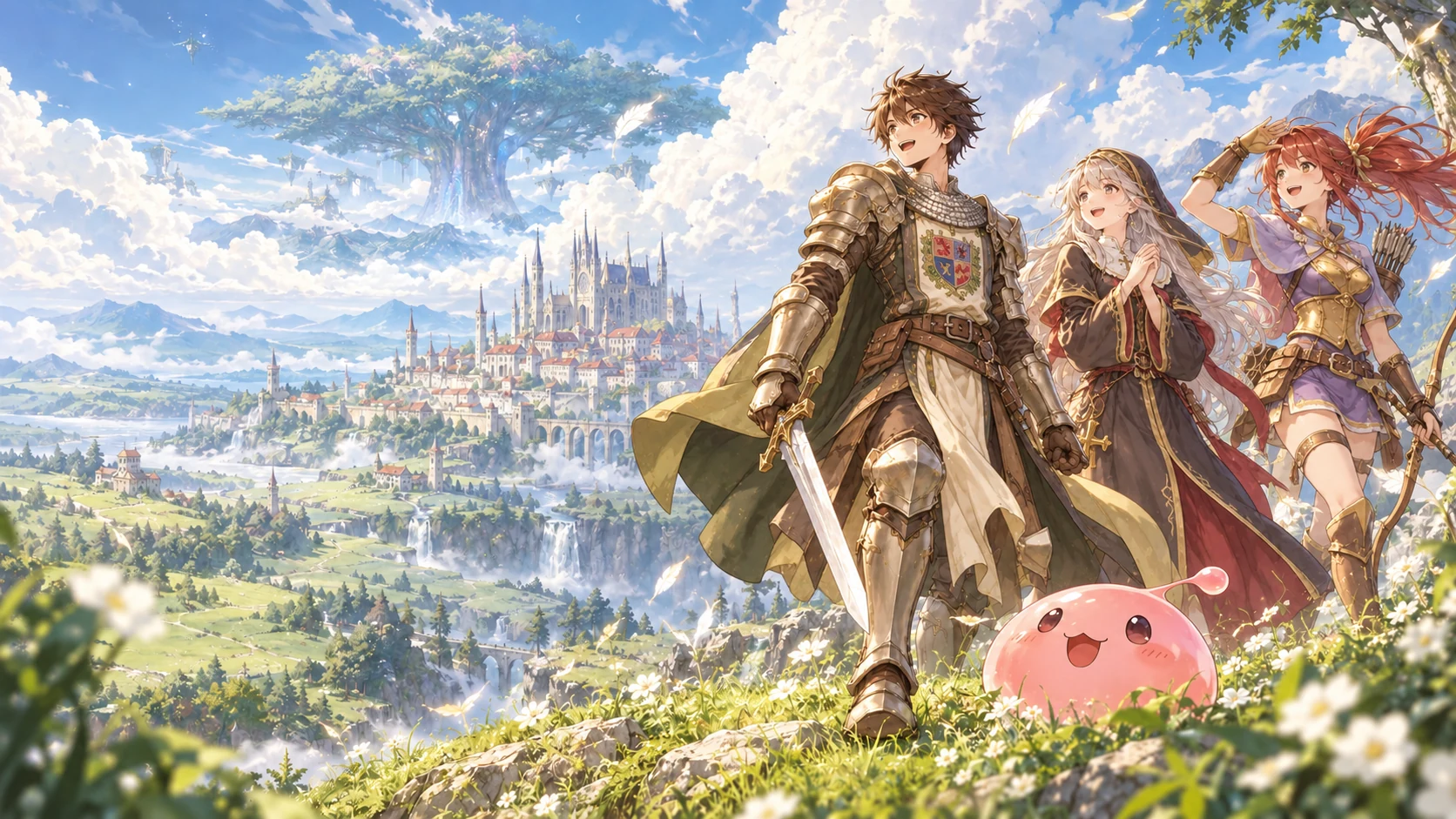 A classic Ragnarok Knight, Priest and Archer in refreshed original-class outfits set out toward a sunlit fantasy city, with a pink Poring at their side.