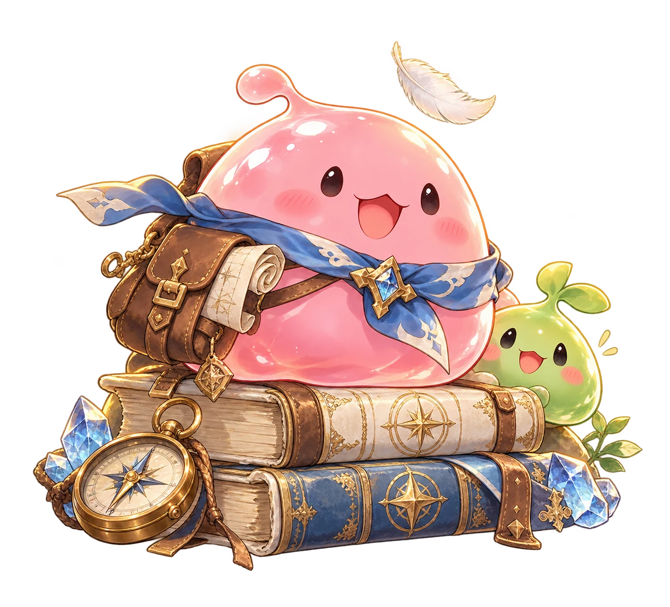 A cheerful pink Poring with an adventurer’s satchel and a little green friend, sitting on a stack of books.