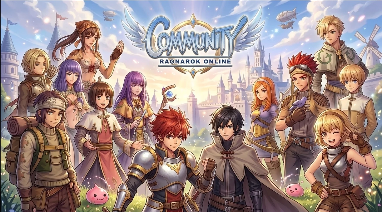 Community Ragnarok Online — adventurers of every class in front of a fantasy castle